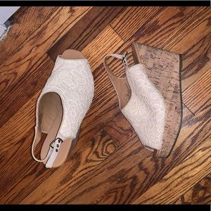 women’s cork wedge beige cream  flower print shoe from Maurice’s